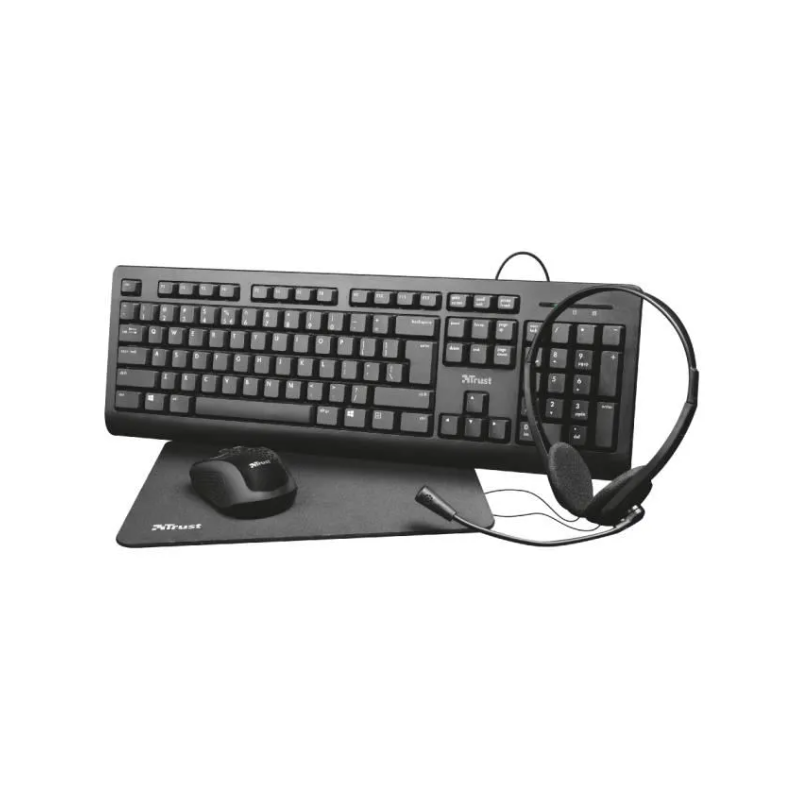 Trust Primo Kit Télétravail 4-en-1 Clavier Français AZERTY, Souris sans Fil,  Casque avec Micro, Tapis de Souris