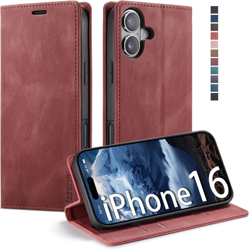 SineOrdo Coque pour iPhone 17 Étui Protection à Rabat, [Pochette de Portefeuille] Antichoc Clapet Housse en Cuir Case Rouge