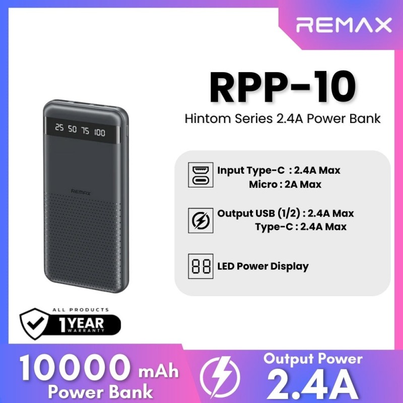 Power Bank 10000mAh REMAX Hintom Series RPP-10 – Charge Rapide 2.4A – 2 Ports US