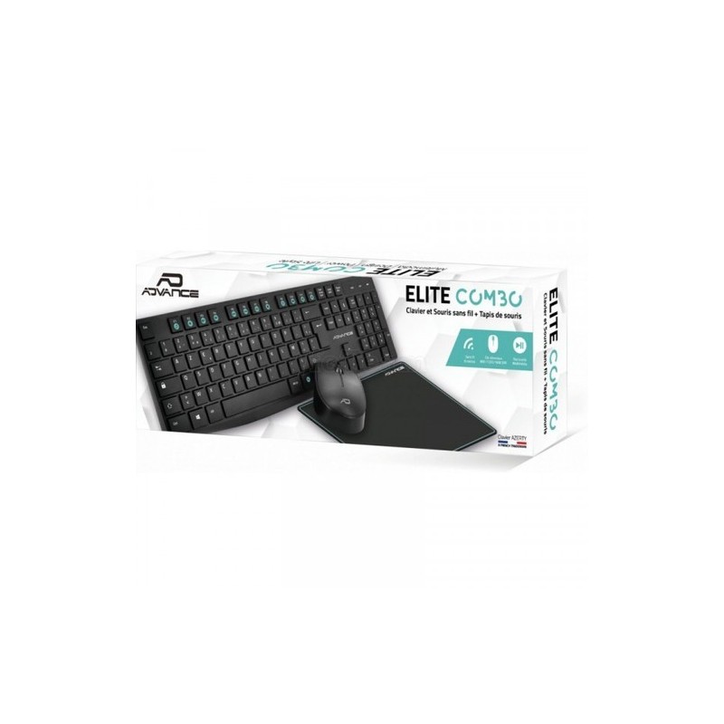 ADVANCE - Pack Clavier Azerty Souris Tapis sans Fil Elite Wireless Combo Noir